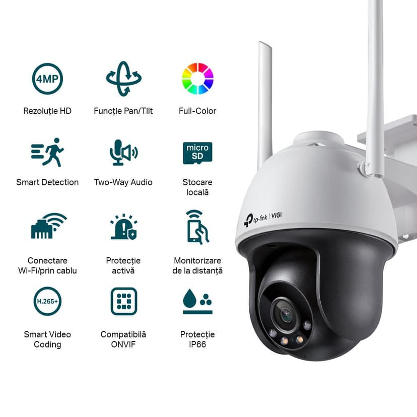 Camera supraveghere IP rotativa Wi-Fi exterior VIGI C540-W, 4MP Full-Color, lentila 4mm, Pan/Tilt, Dual Light, detectare persoane si vehicule, audio bidirectional, microSD 512GB, ONVIF, IP66